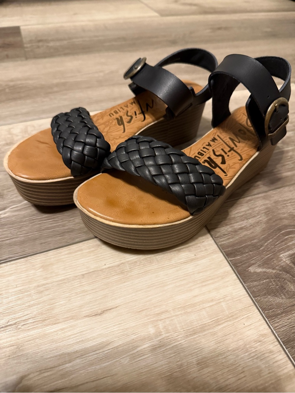 Blowfish Black Woven Strap Wedge Sandals